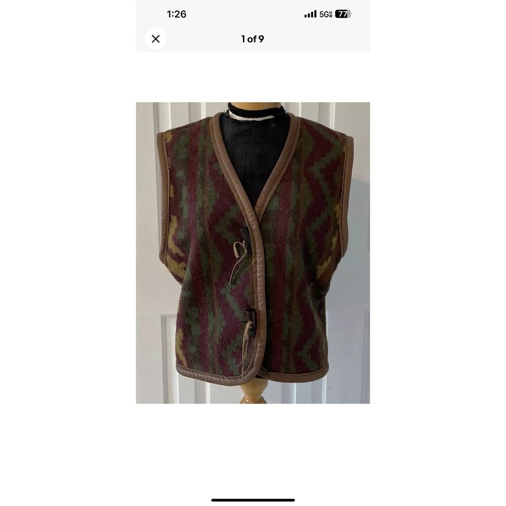 Susan Bristol Womans Small Wool Vest Leather Trim Vintage Aztec Blanket